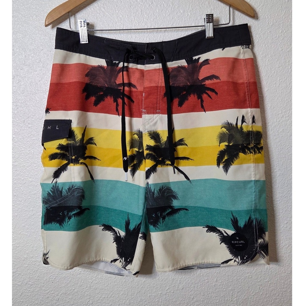 Rip Curl Palm Print Board Shorts 31 Striped Surf Swim Trunks Beach Vacation